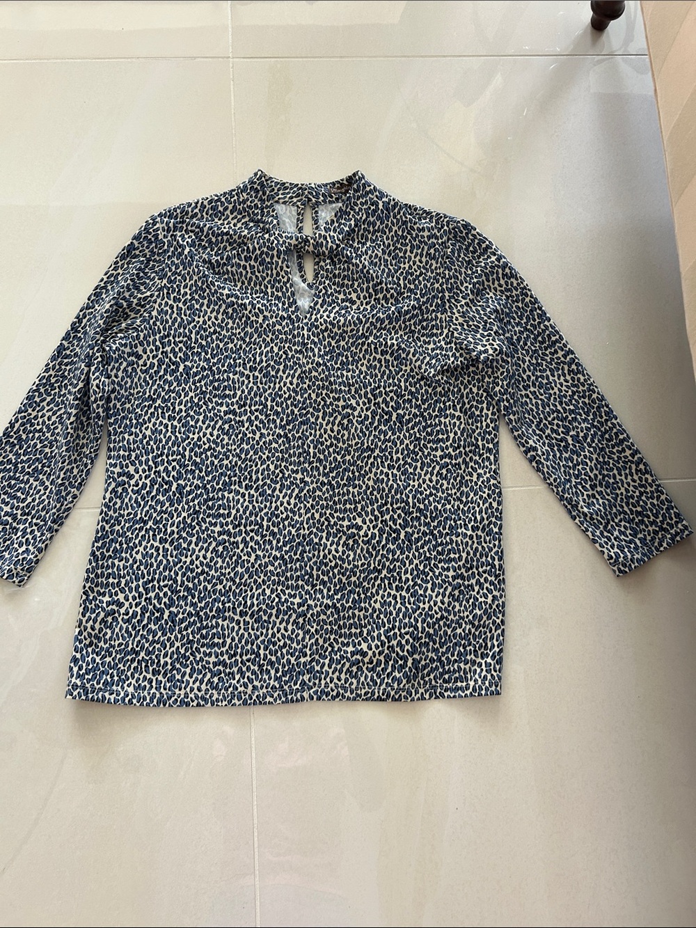 J. McLaughlin Navy and Cream Leopard-Print Tie-Back Blouse